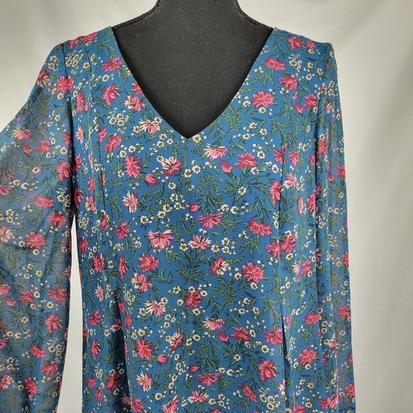 INC INTERNATIONAL CONCEPTS V Neck Sheer Long sleeve Shift Dress Teal Floral - Picture 3 of 9